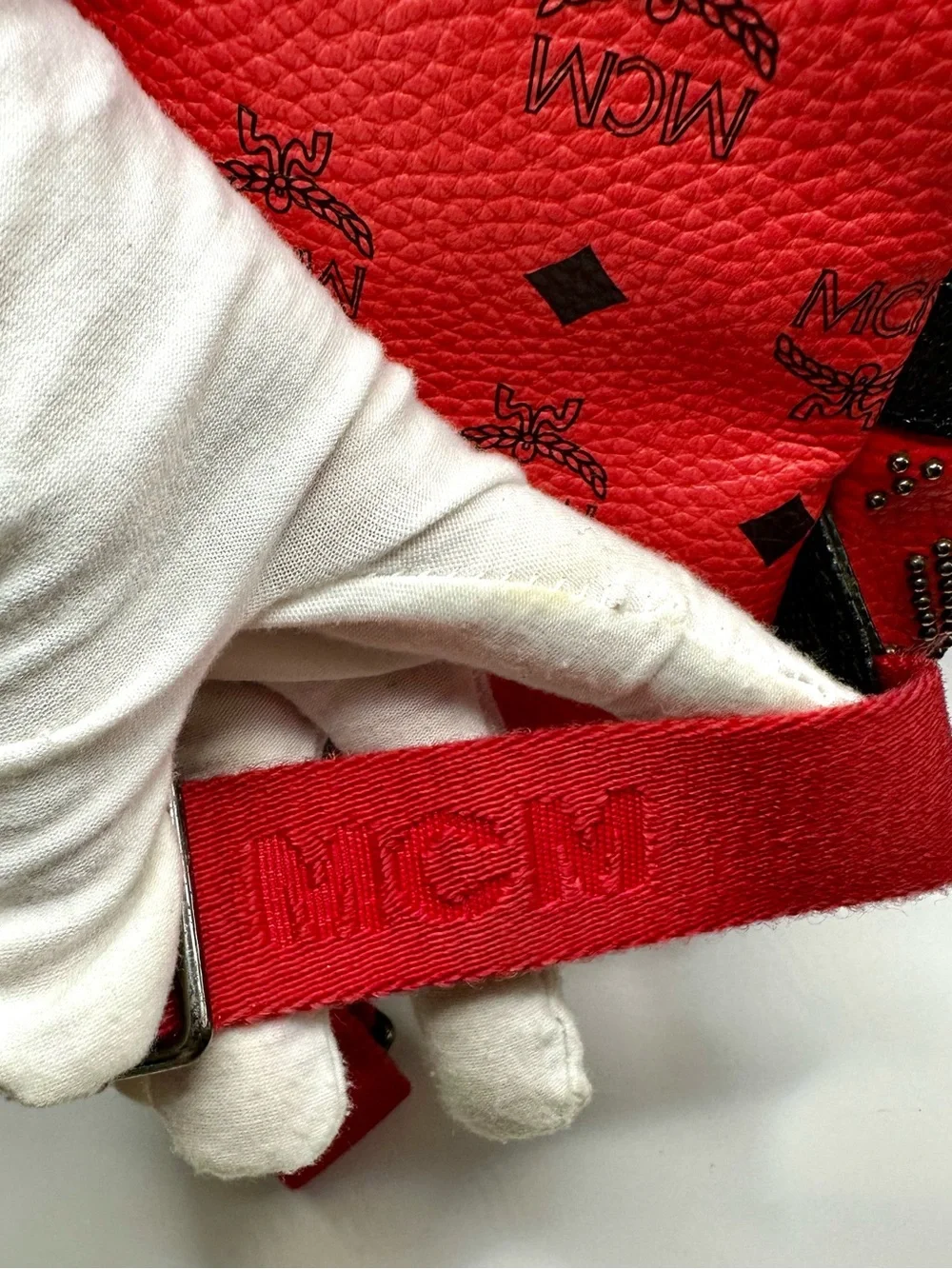 MCM Stark Red Leather Studded Backpack with Black Trim
